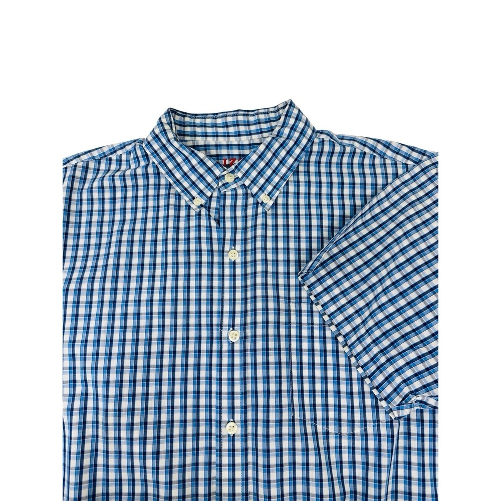 IZOD Short Sleeve Button Down Collared Shirt For Mens Blue White Plaid Large